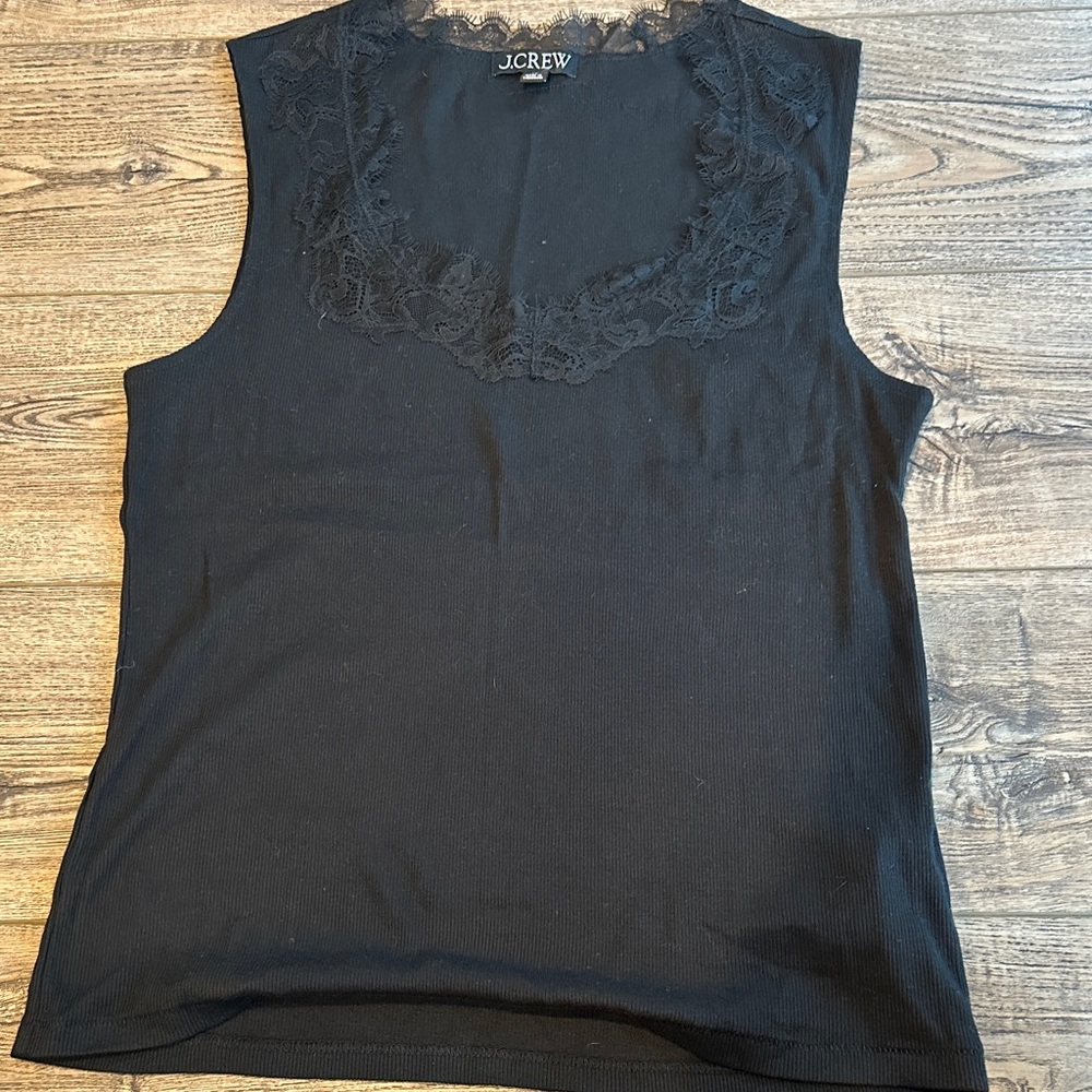 J. Crew Black Fine Rib Lace-Trim Sleeveless Tank Top XL